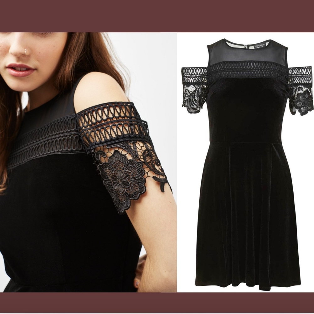 NWT TOPSHOP Cold Shoulder Lace Velvet Skater Dress